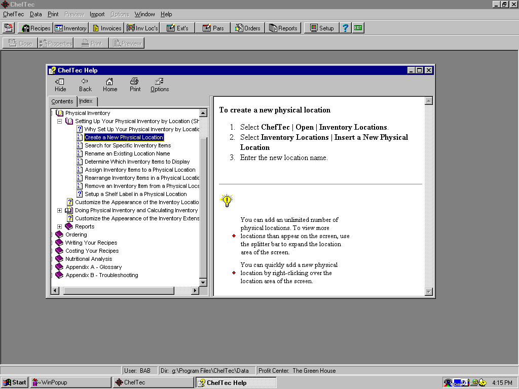Cheftec Software - A Help Screen