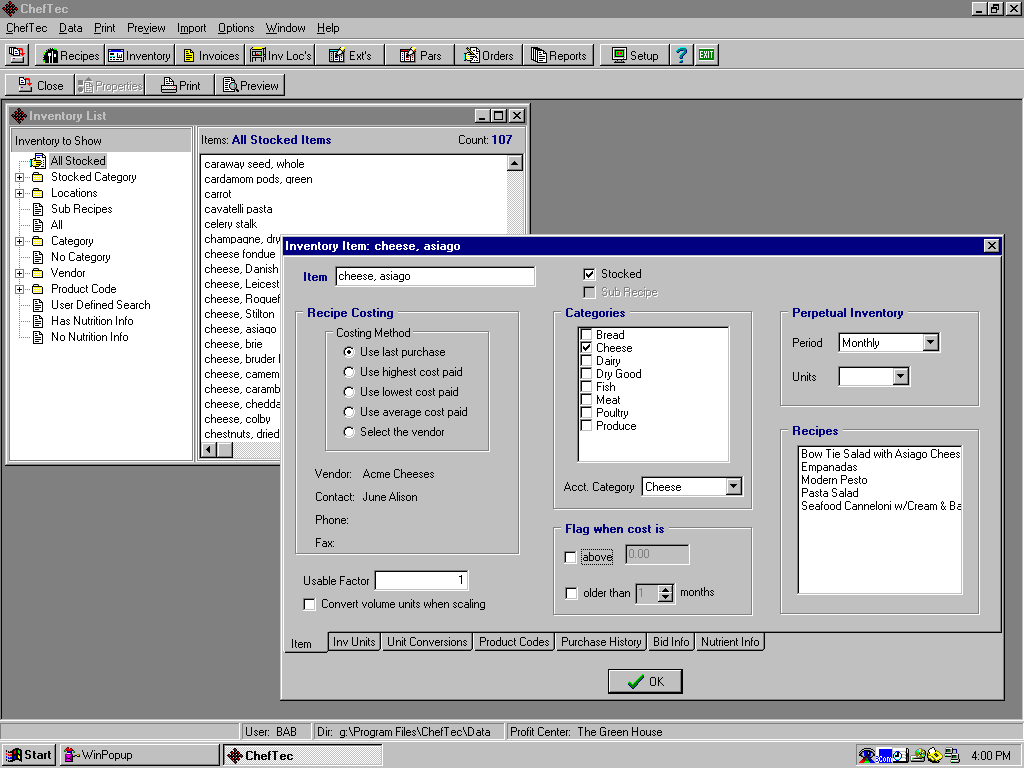 Cheftec Software - Main Screen with an Inventory Item