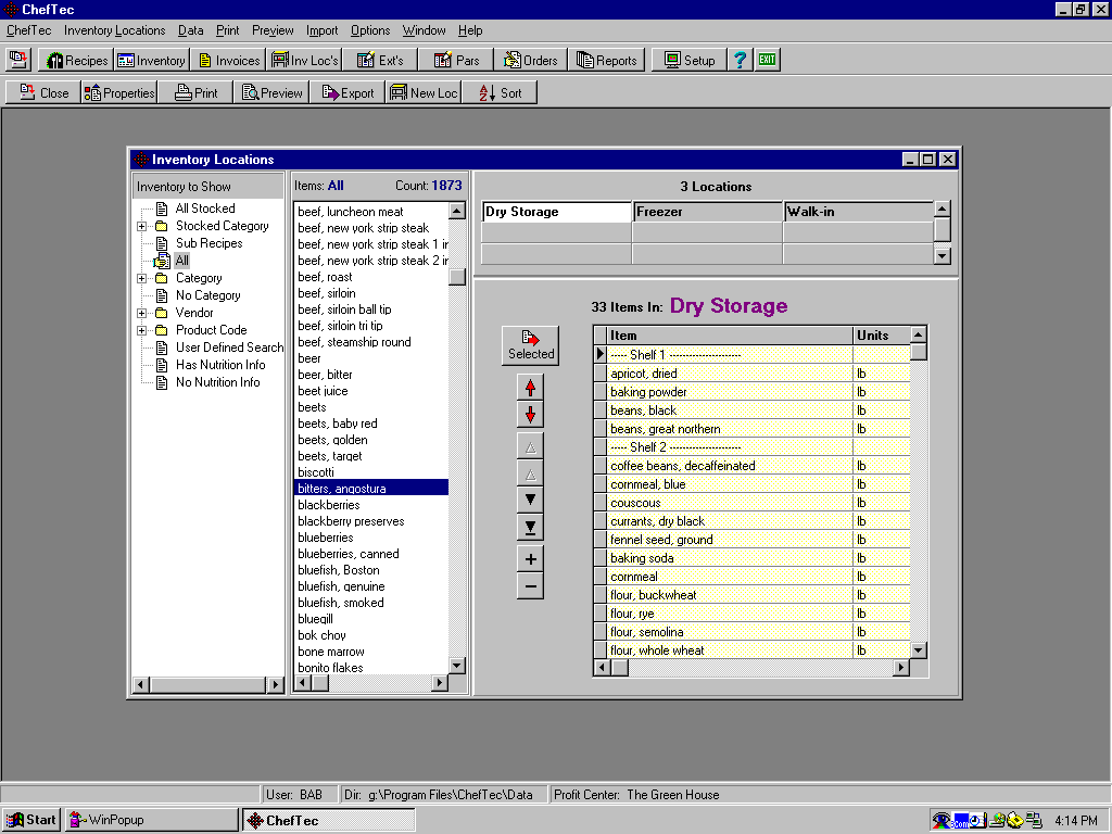 Cheftec Software - Showing Inventory Locations