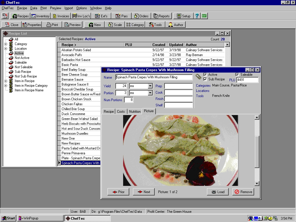 Cheftec Software - Main Screen with a Recipe Picture